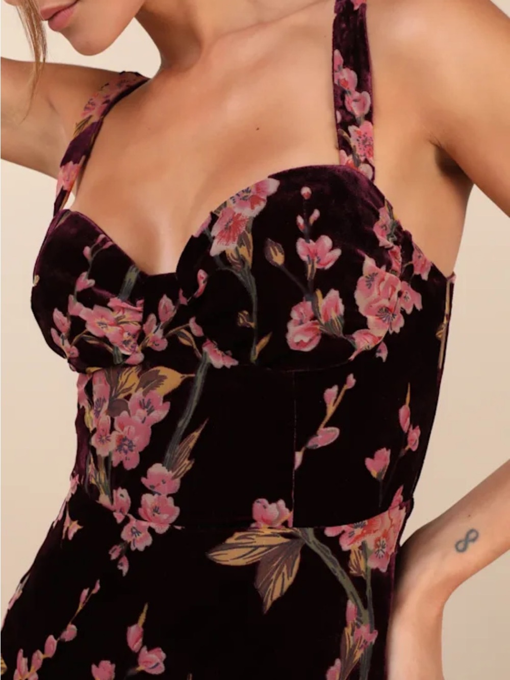 Lulu's Romantic Stunner Plum Floral Burnout Velvet Lace-Up Dress Medium - Picture 3 of 7